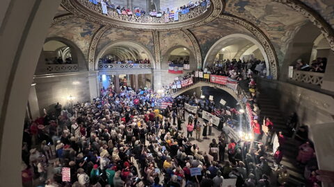 Protesters gather in the Missouri Capitol rotunda in opposition to a proposed congressional district map that passed the House (Annelise Hanshaw/Missouri Independent).