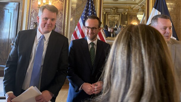 Attorneys Jay Jorgensen (left) and Stephen Dent (center) talk with people in the Gold Room of the Utah State Capitol after Gov. Spencer Cox announces their appointment to the Utah Supreme Court, June 2, 2026.