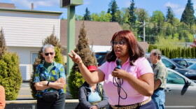 U.S. Rep. Janelle Bynum, D-Oregon, speaks with constituents in Silverton.