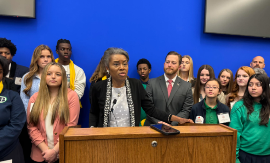Lt. Governor Winsome Earle-Sears speaks before a crowd of private school students as she advocates for school choice initiatives at the 2024 legislative session. (Courtesy - Brad Kutner/Radio IQ)