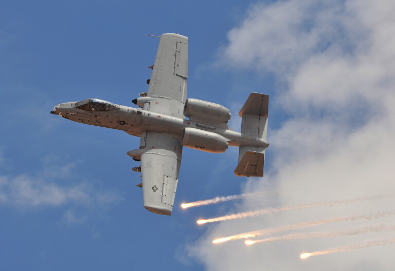 An A-10 Thunderbolt II “Warthog” fighter jet in action.