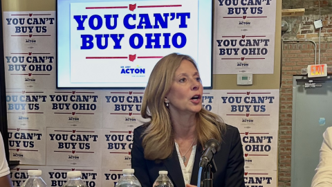 Democratic candidate for governor, Amy Acton, spoke to reporters about her anti-corruption plan in Columbus on August 19, 2026