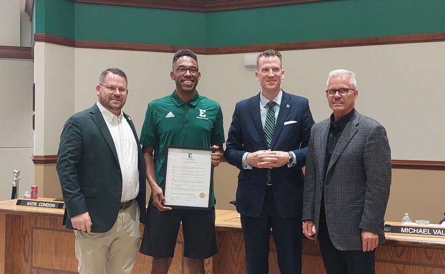 EMU Women's Golf Coach Josh Brewer (left of center) gets recognized for his team reaching the Final Four of the NCAA Women's Golf Championship at the EMU Board of Regents October 15, 2026 meeting.