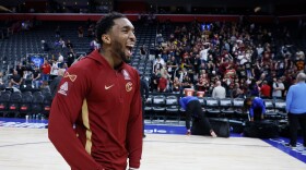 Cleveland Cavaliers guard Donovan Mitchell (45) celebrates as he leaves the court following a win over the Detroit Pistons in Game 7 in a second-round NBA basketball playoffs series Sunday, May 17, 2026, in Detroit.  
