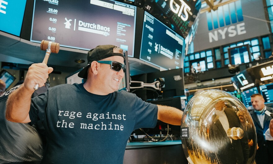 Dutch Bros Chairman and Co-Founder Travis Boersma rings the first trade bell on the floor of the New York Stock Exchange on Sept. 15.