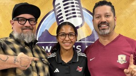Ariana Peraza, a freshman forward for the Arizona Western College women's soccer team, with What's Up Yuma? Radio hosts Jonny Porter and Victor Calderón.
