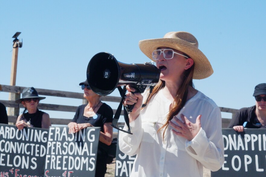 State Representative Tara Lujan (D-Santa Fe) told protesters at Zorro Ranch she will convene a public forum to relay their concerns to the Epstein Truth Commission