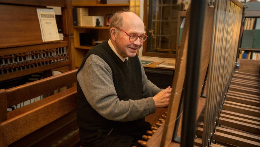 In this 2018 photo provided by Duke University, Sam Hammond, university carillonneur, plays the Duke Chapel carillon at the university in Durham, North Carolina. Hammond died Thursday, Feb. 25, 2021, in Durham, the university said in a news release.