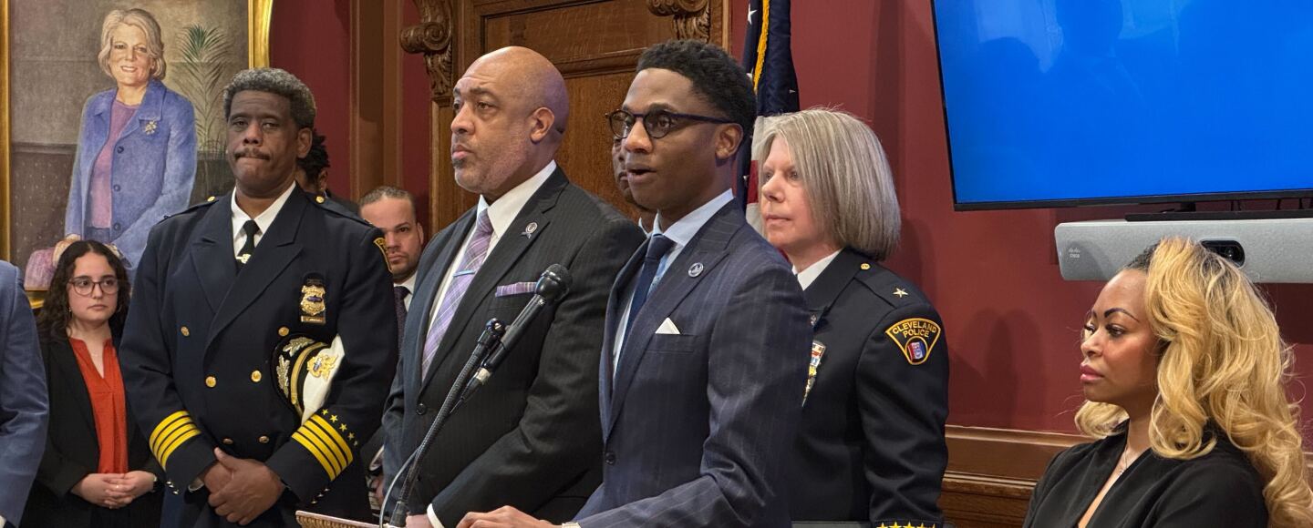 From left: Wayne Drummond, Blaine Griffin, Mayor Justin Bibb, Dorothy Todd and Leigh Anderson stand during a Feb. 19, 2026, news conference to provide an update on Cleveland's consent decree.