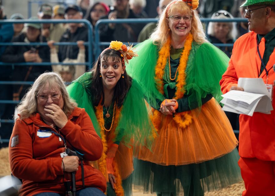 three women and a man spectate the weigh off of a giant pumpkin