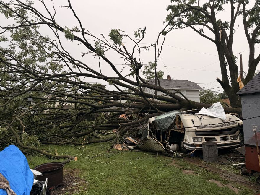 High winds toppled a tree that crushed a camper off East Morrill Avenue on Columbus' South Side as strong storms blew through central Ohio on Aug. 11, 2026.
