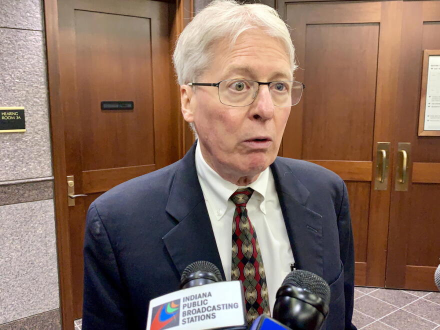 Attorney Jim Bopp, representing religious conservative groups, speaks to the media after an October 2019 court hearing in a lawsuit challenging Indiana's RFRA fix.