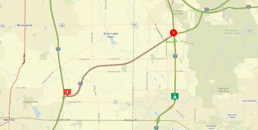A map from the Ohio Department of Transportation showing the stretch of I-271 closed due to a tanker rollover.