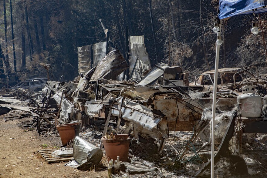 Just a few yards off of Highway 101, Rochelle Harn barely escaped the flames. A huge storage building was reduced to ash and twisted metal on her property on Oct. 5, 2020.