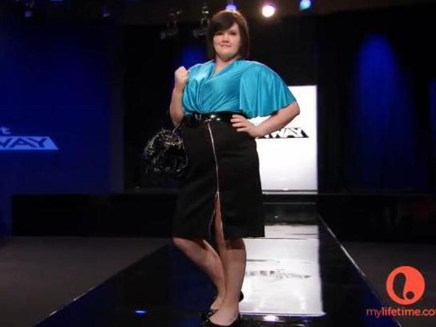 Terri in her new, not very attractive clothes.