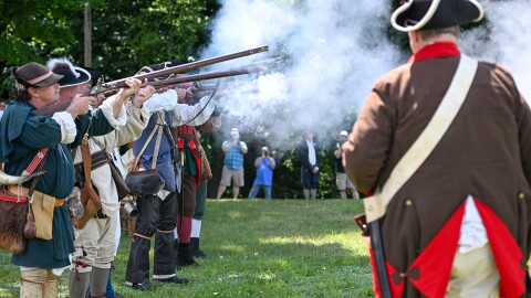 Members of the 24 Connecticut Militia Regiment perform a volley tribute during the annual commemorative service of the battle and massacre of Wyoming.