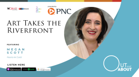The image features a photo of this episode’s guest: Megan Scott, executive director of the Peoria Art Guild. The image features an all-capitalized text headline that reads “ART TAKES THE RIVERFRONT” with an underlying smaller text that reads “featuring Megan Scott, Peoria Art Guild.” The graphic artwork also features an icon of the podcast’s sponsor PNC Bank in the center with the WCBU and NPR logos in the left-hand corner. In the bottom right-hand corner are icons of the various podcast platforms where the Out and About podcast can be streamed/downloaded including Apple Podcasts, Spotify and Google Podcasts. In the bottom left-hand corner is Out and About spelled out in large, white graphic letters.
