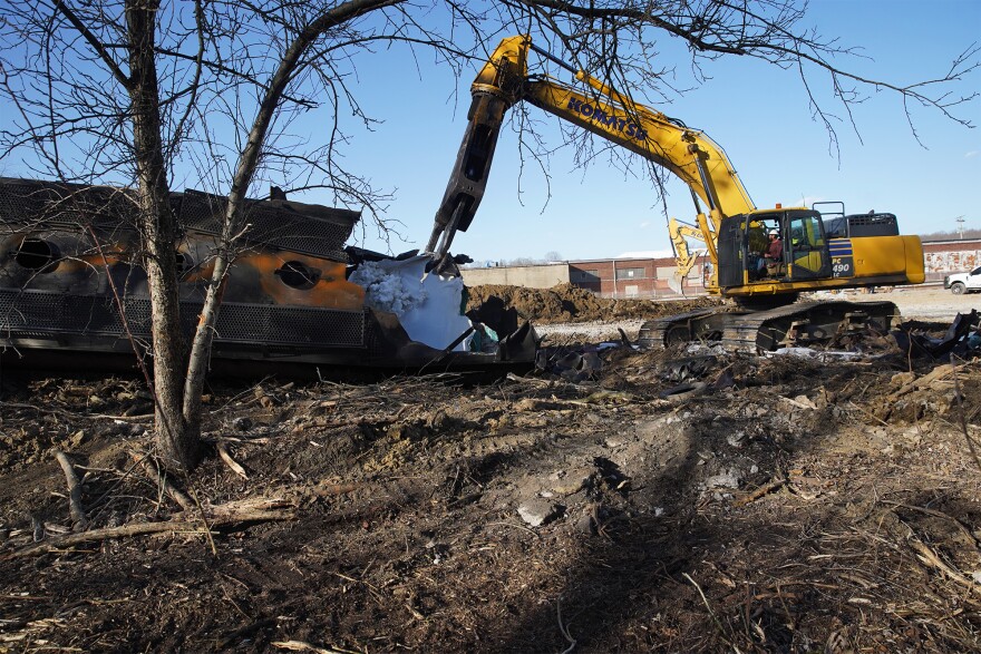  Crews work at the site East Palestine train derailment on Wednesday, Feb. 15, 2023.