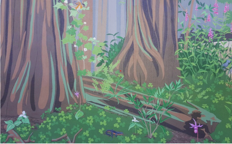 A painting of trees, flowers, and a newt.