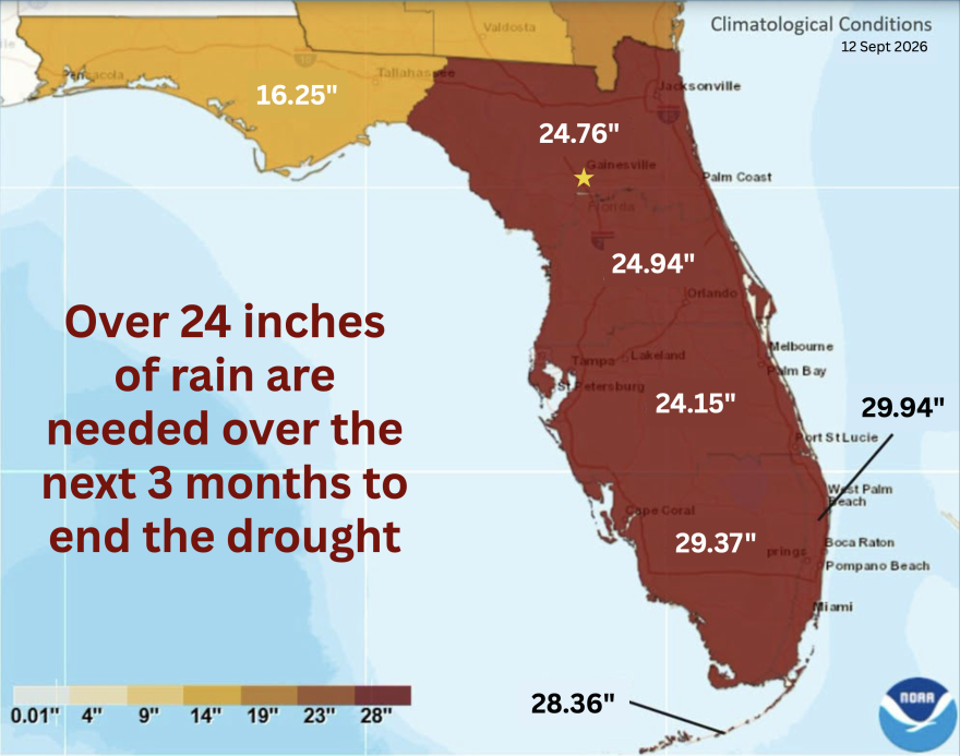 Florida's rainfall deficit as of mid-September 2026, according to the National Oceanic Atmospheric Administration. (Courtesy of Alachua County Water Resources)