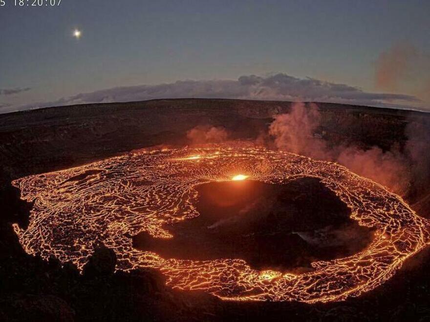 This webcam image provided by the U.S. Geological Survey shows Hawaii's Kilauea volcano, from the west rim of the summit caldera, looking east, Thursday, Jan. 5, 2023. Hawaii's Kilauea began erupting inside its summit crater Thursday, the U.S. Geological Survey said.