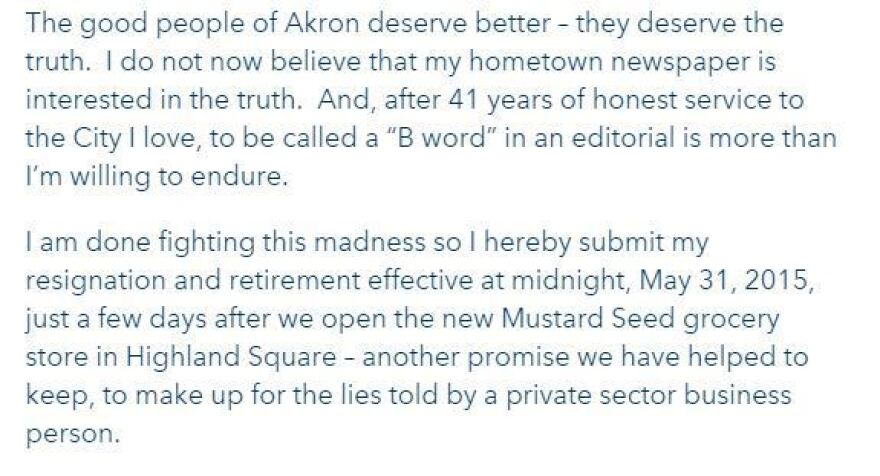 A portion of Mayor Don Plusquellic's eight-paragraph resignation letter