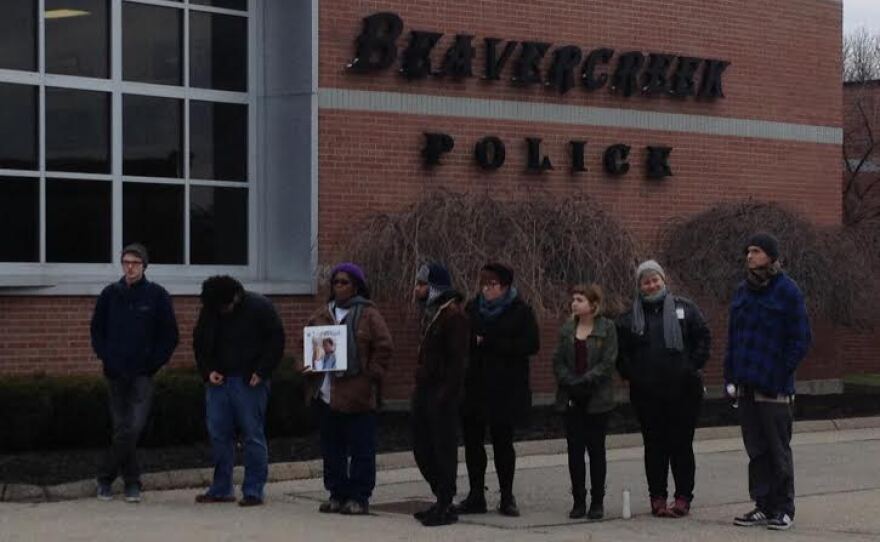 Protestors demonstrate in front of Beavercreek Police station following the death of John Crawford III inside a Beavercreek Walmart in 2014.