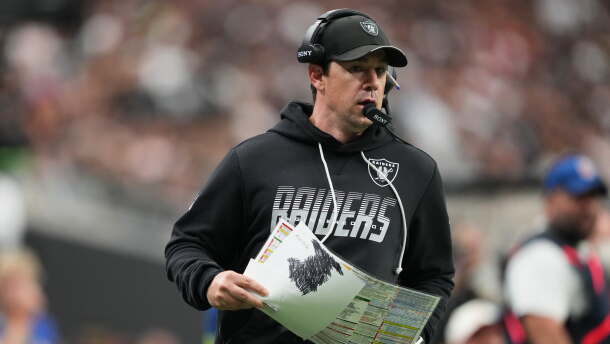 Las Vegas Raiders head coach Klint Kubiak watches during the second half of an NFL football game against the Kansas City Chiefs in Las Vegas, Sunday, Oct. 4, 2026. (AP Photo/Rick Scuteri)
