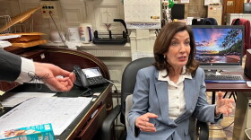 New York Gov. Kathy Hochul meets with reporters at the state Capitol to give a budget update on March 25, 2022.