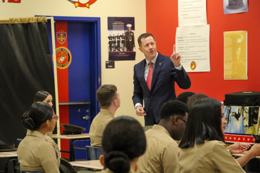 Louisiana Superintendent of Education Cade Brumley speaks to cadets at New Orleans Military and Maritime Academy on Sept. 16, 2026.