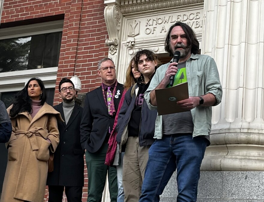 A file photo of former United Academics of UO president Mike Urbancic, right, speaking at an event on camputs, March 4, 2025.