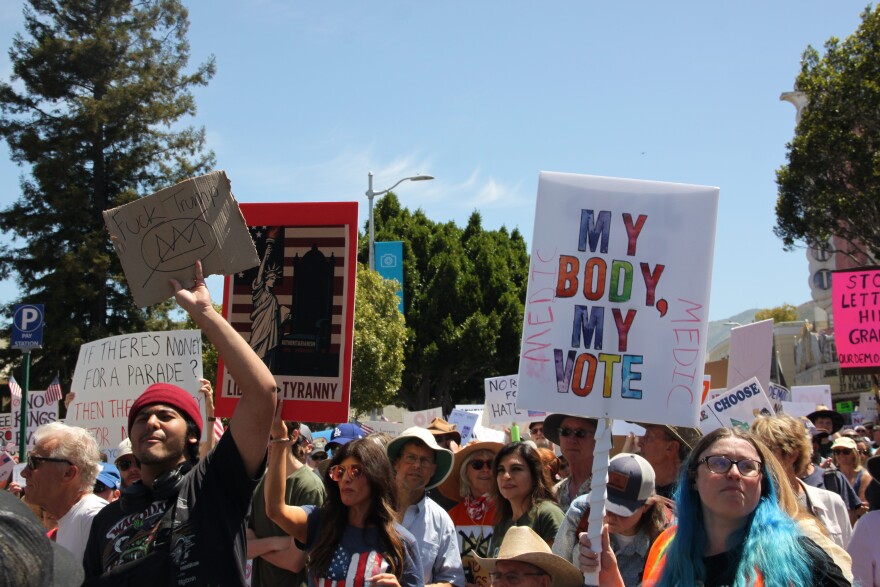 Hundreds marched in downtown San Luis Obispo on Saturday to participate in the nationwide "No Kings" protest.