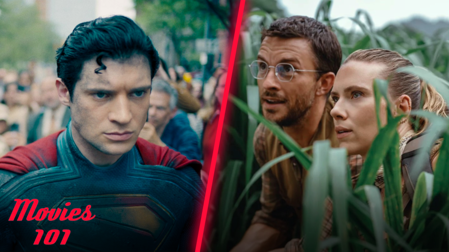 From left: Actor David Corenswet in the 2025 film Superman; actors Jonathan Bailey and Scarlett Johansson in the 2025 film Jurassic World Rebirth.