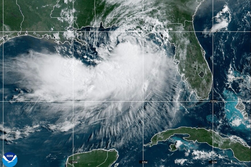 This NOAA satellite image taken at 10:30 a.m. EST on Tuesday, July 21, 2026, shows Tropical Storm Bertha moving along the Gulf of Mexico's northern coast.