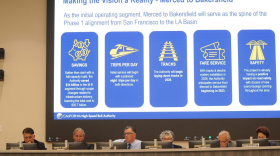 Members of the California High Speed Rail Authority Board are shown during a discussion of the project’s proposed Merced to Bakersfield segment.