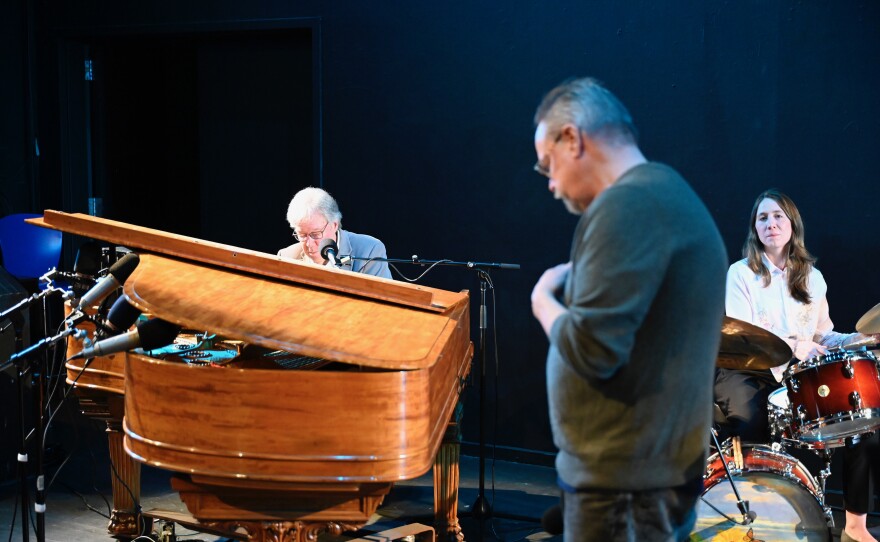 Steve Metcalf on piano, Colin on vocals, and Molly Sayles on drums during soundcheck at Watkinson School in Hartford on April 2, 2025.