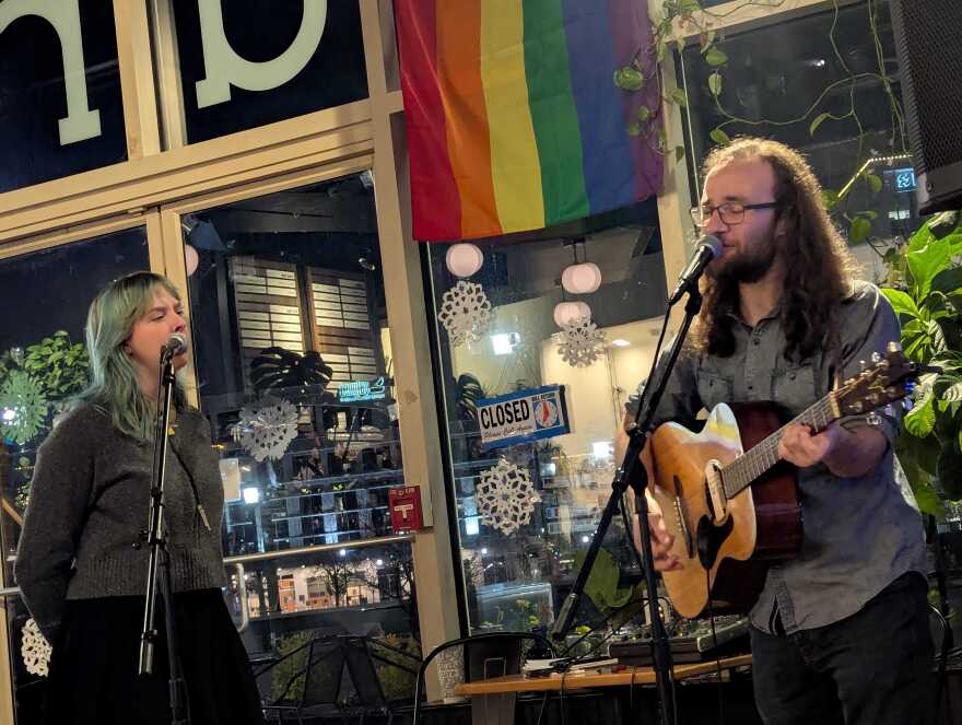 Aubrey West and Eli Myers duet at the Cure Coffeehouse open mic on Thursday, Nov. 20, 2025.