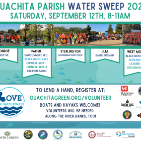 Image of a flyer displaying where each Ouachita Parish Water Sweep 2026 will be held on Saturday, September 12th, from 8:00 to 11:00 a.m. 