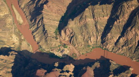 Bright Angel Canyon, the scene of flash floods, runs into the Colorado River in the Grand Canyon, Monday, Aug. 31, 2026, at Grand Canyon National Park, Ariz.