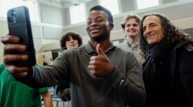 Jackson Brandon, a junior at Christian Brothers College High School, takes a selfie with Grammy Award-winning saxophonist Kenny “G” Gorelick on Wednesday, Dec. 3, 2025, at the school in Town and Country. Gorelick, in town to perform that night at The Factory, stopped by the school to donate a signed soprano saxophone for a fundraiser and offer advice to budding student musicians. "The main thing I wanted to get across to them was that it takes a long time to get really good at something," the 69-year-old said. "It's worth it if it's what you really want to do."