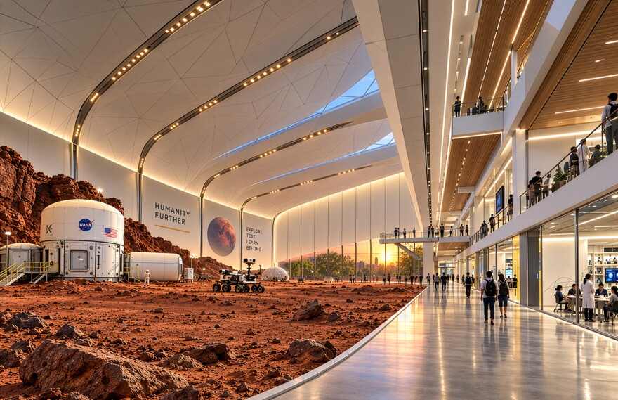 Rendering that shows the inside of a academic building with science labs on the right, a hallway with people walking in the middle and a simulated rocky planet surface with a rover, astronaut and small white building with a NASA sign on it.