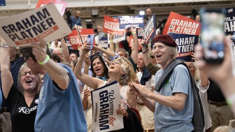The crowd reacts to the news that Graham Platner has won the Democratic U.S. Senate primary during an election watch party in Blue Hill Tuesday, June 9, 2026.