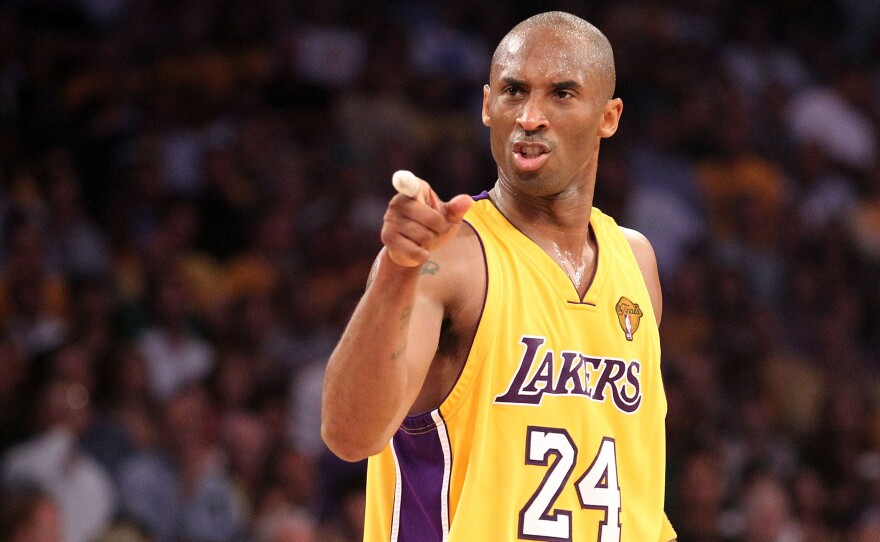 Bryant points during the second quarter of Game Seven of the 2010 NBA Finals against the Boston Celtics at the Staples Center on June 17, 2010.