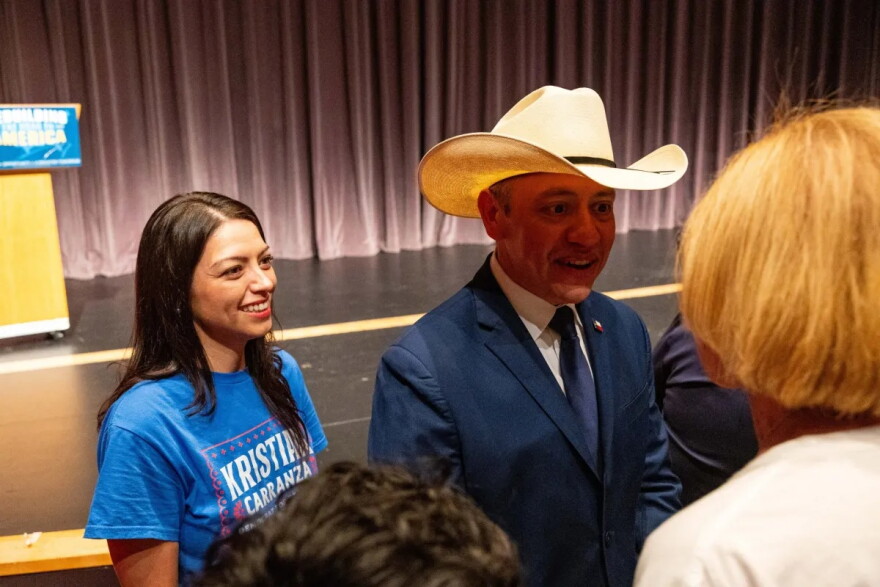Johnny Garcia, Democratic candidate for Texas’ 35th Congressional District, and Kristian Carranza, Democratic candidate for Texas House District 118, speak with supporters after a rally at Palo Alto College in San Antonio on Sunday, Sept. 20, 2026.