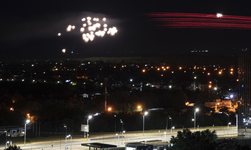 Ukrainian air defenses fire to stop drones targeting Kyiv on May 30. Ukraine says it now shoots down around 90 percent of incoming Russian drones and missiles.