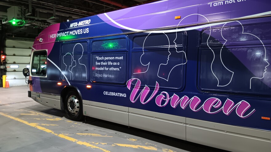 The Niagara Frontier Transportation Authority premiered a bus Friday, March 13, 2026, customized with images to celebrate Women's History Month.