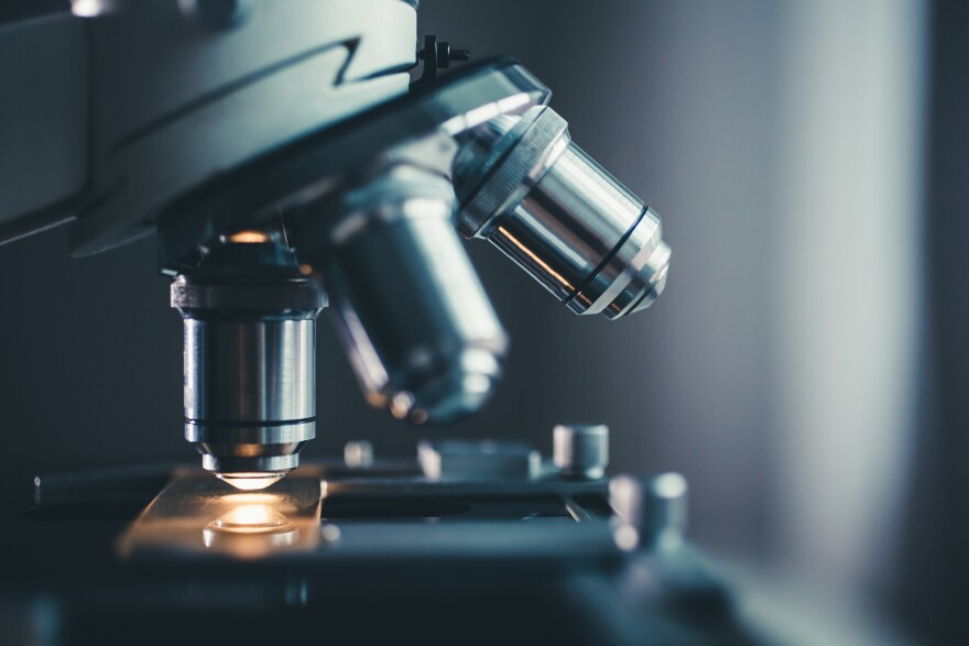 Close-up shot of microscope at laboratory. [Konstantin Kolosov/Shutterstock]