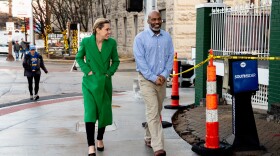 Attorney Lindsay Runnels walks alongside Lamar Johnson after he was released due to a wrongful murder conviction that landed him in jail for nearly 30 years on Tuesday, Feb. 14, 2023, outside of the Carnahan Courthouse outside of Maggie O’Briens in Downtown St. Louis.