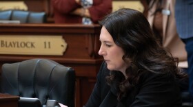 A woman with brown hair and a black jacket sits at a desk in the Idaho Senate chamber.