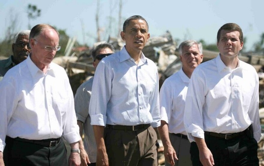Tuscaloosa Mayor Walt Maddox (R) with President Obama and Governor Robert Bentley following the April 27, 2011 tornado that hit Tuscaloosa